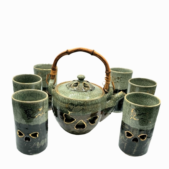 Somayaki Obori Japanese Teapot and Tumblers - Picture 1 of 8